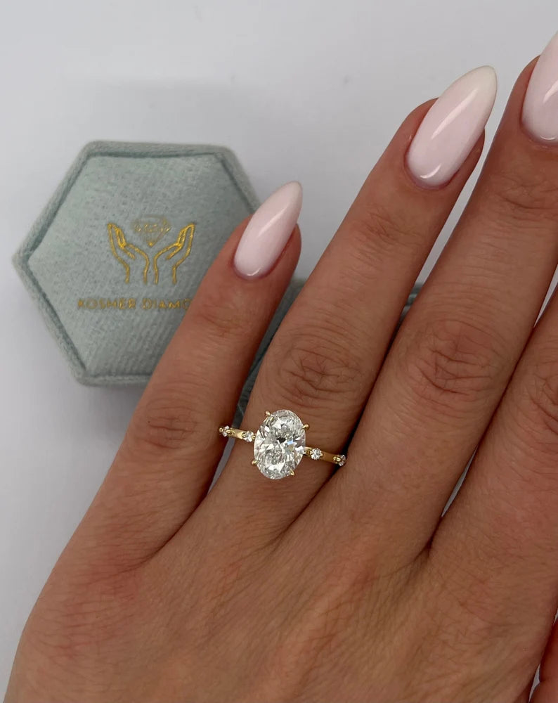 POPULAR STYLE D Color VVS2 Clarity Oval Cut Lab Grown Diamond Thin Dainty Solitaire Engagement Ring, Side Rounds 14k Gold