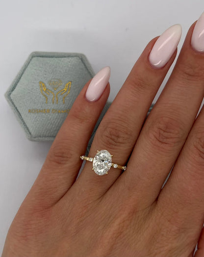 POPULAR STYLE D Color VVS2 Clarity Oval Cut Lab Grown Diamond Thin Dainty Solitaire Engagement Ring, Side Rounds 14k Gold