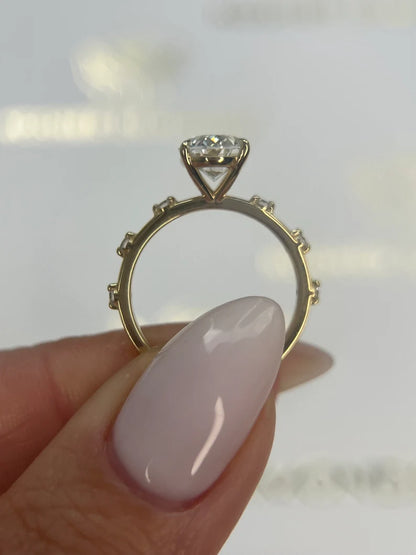 POPULAR STYLE D Color VVS2 Clarity Oval Cut Lab Grown Diamond Thin Dainty Solitaire Engagement Ring, Side Rounds 14k Gold