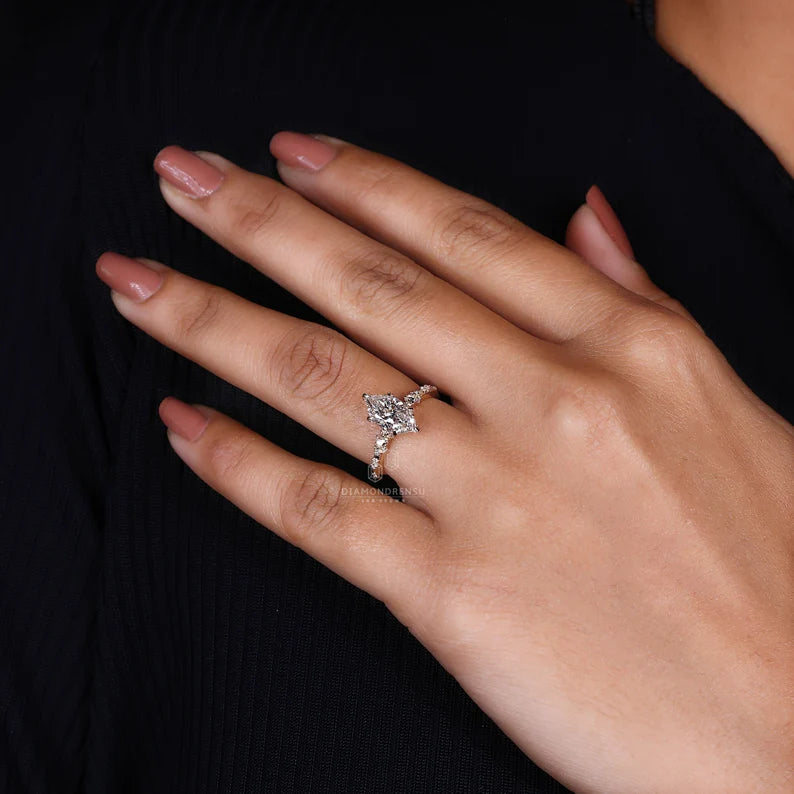 2 CT Dutch Marquise Engagement Ring with Lab Grown Diamond, Featuring Rose Cut Diamond Pave Setting, Handmade Custom Ring