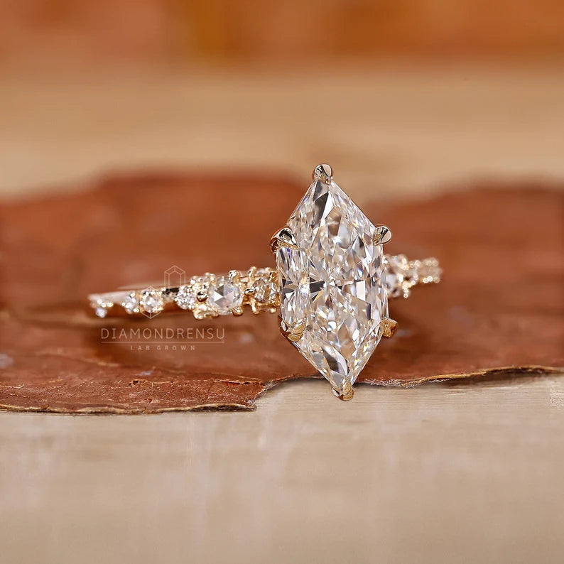2 CT Dutch Marquise Engagement Ring with Lab Grown Diamond, Featuring Rose Cut Diamond Pave Setting, Handmade Custom Ring