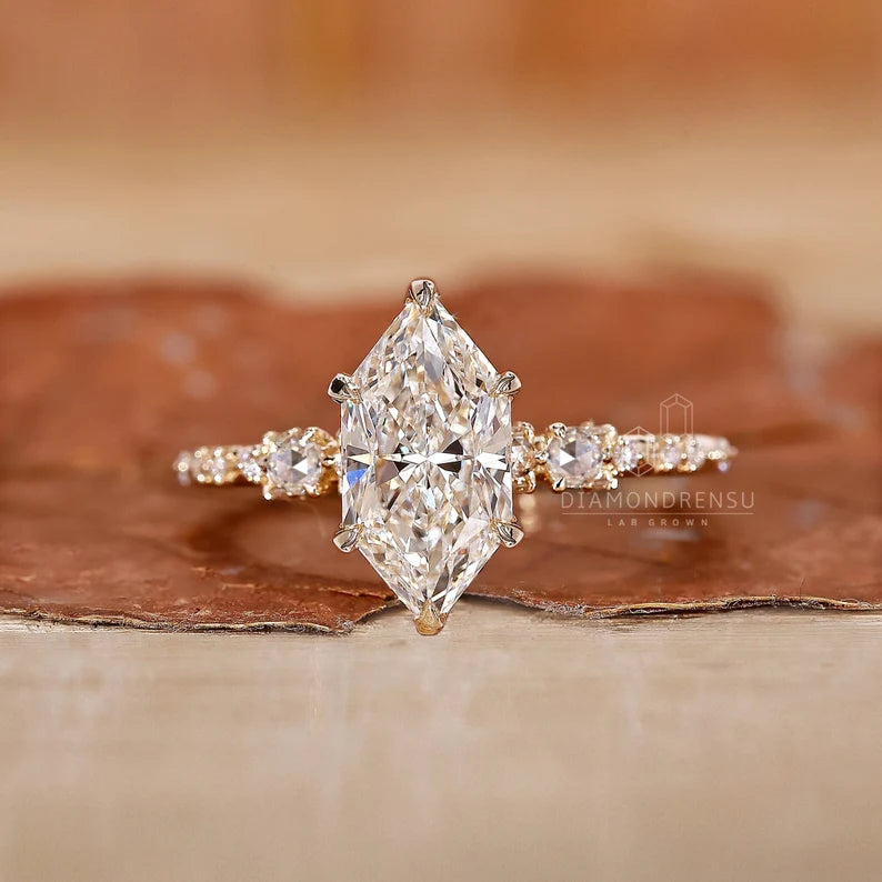 2 CT Dutch Marquise Engagement Ring with Lab Grown Diamond, Featuring Rose Cut Diamond Pave Setting, Handmade Custom Ring