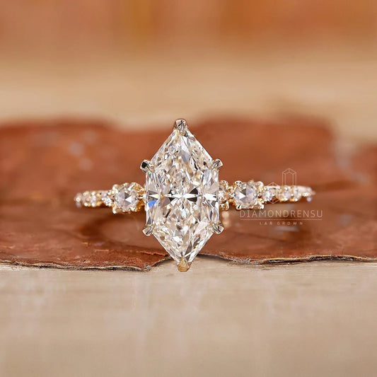 2 CT Dutch Marquise Engagement Ring with Lab Grown Diamond, Featuring Rose Cut Diamond Pave Setting, Handmade Custom Ring
