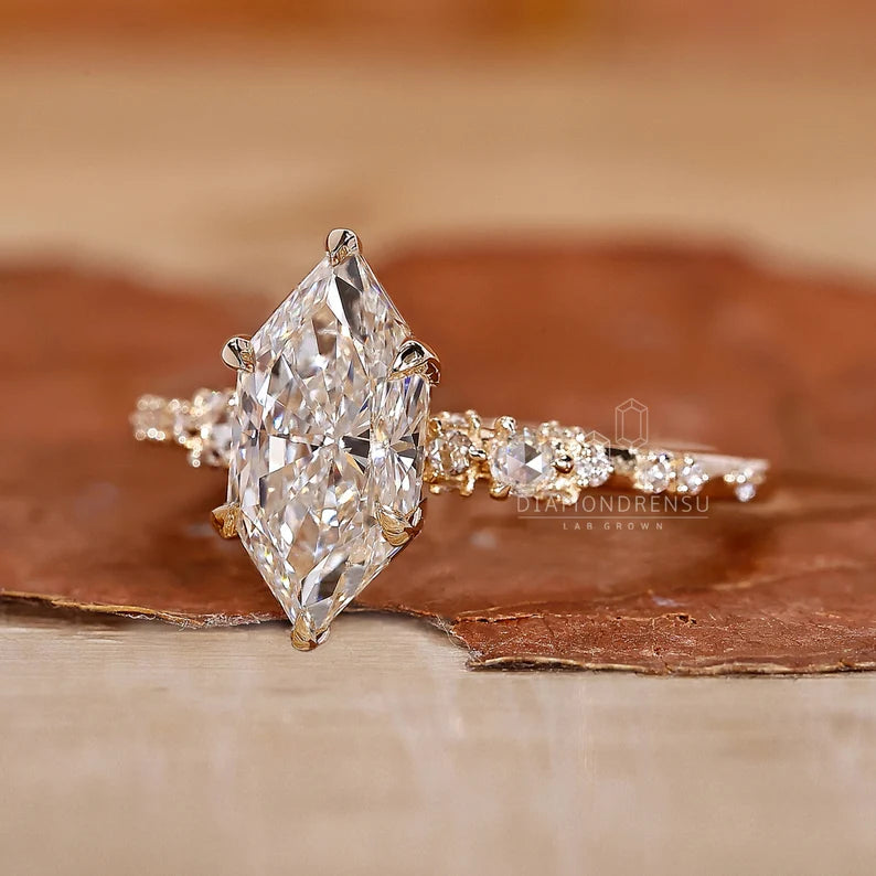 2 CT Dutch Marquise Engagement Ring with Lab Grown Diamond, Featuring Rose Cut Diamond Pave Setting, Handmade Custom Ring