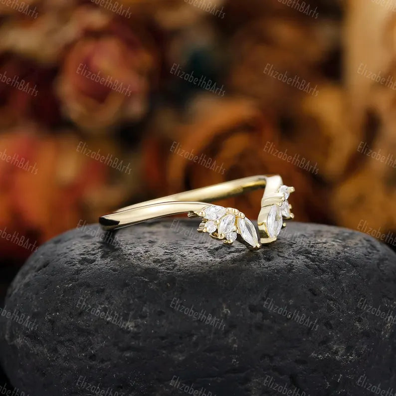Yellow Gold Open Wedding Band, Solid Gold Gap Wedding Ring, Womens Cuff Stacking Ring, Moissanite Bridal Ring, Marquise Stackable Ring