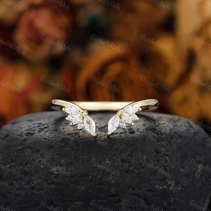 Yellow Gold Open Wedding Band, Solid Gold Gap Wedding Ring, Womens Cuff Stacking Ring, Moissanite Bridal Ring, Marquise Stackable Ring