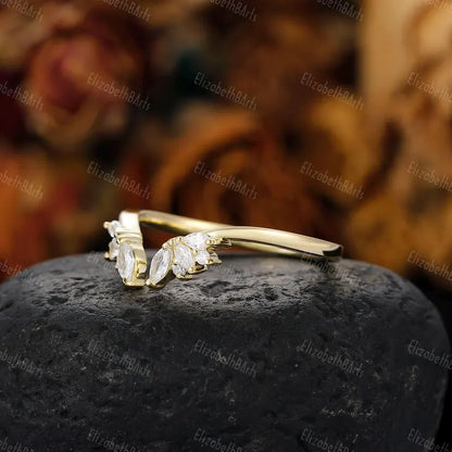 Yellow Gold Open Wedding Band, Solid Gold Gap Wedding Ring, Womens Cuff Stacking Ring, Moissanite Bridal Ring, Marquise Stackable Ring