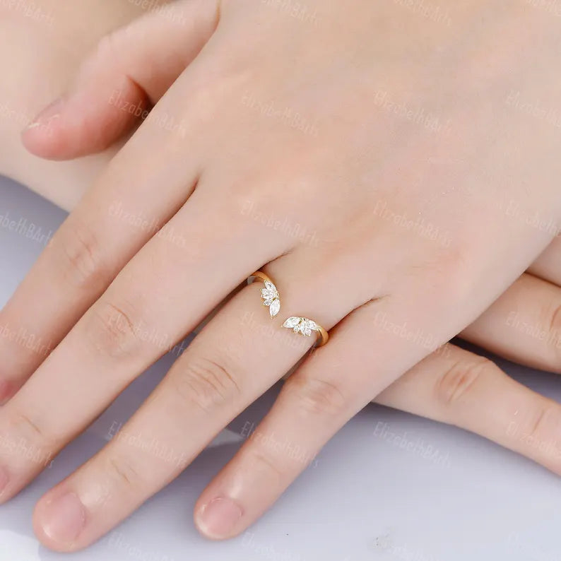 Yellow Gold Open Wedding Band, Solid Gold Gap Wedding Ring, Womens Cuff Stacking Ring, Moissanite Bridal Ring, Marquise Stackable Ring