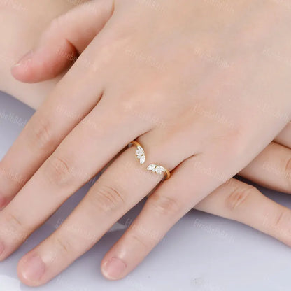 Yellow Gold Open Wedding Band, Solid Gold Gap Wedding Ring, Womens Cuff Stacking Ring, Moissanite Bridal Ring, Marquise Stackable Ring