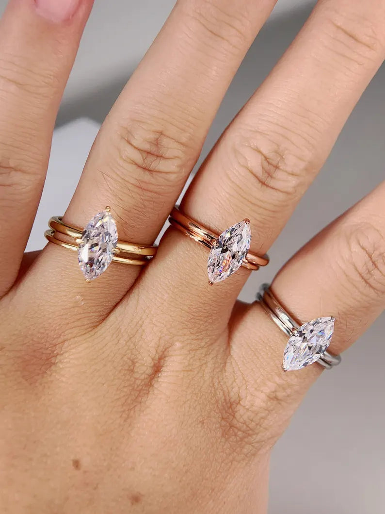 Marquise Engagement ring Gold Travel ring Unique Silver Promise ring Wedding ring Simulated diamond ring Solitaire diamond ring Gift for her