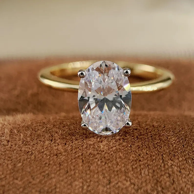 2.5CT 3.5CT Oval Cut CZ Solitaire Engagement Ring travel ring Two Tone Yellow Gold vermeil and White Gold Silver Ring Simulated Diamond