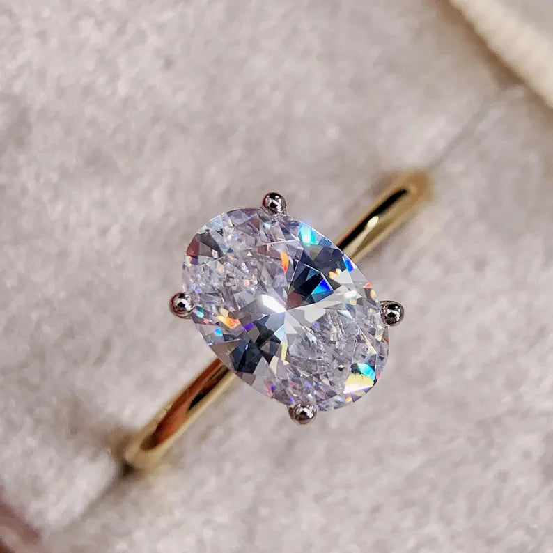 2.5CT 3.5CT Oval Cut CZ Solitaire Engagement Ring travel ring Two Tone Yellow Gold vermeil and White Gold Silver Ring Simulated Diamond