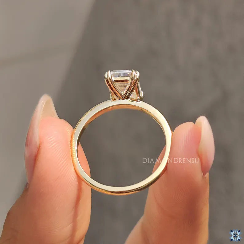 Emerald Cut Moissanite Solitaire Engagement Ring, Double Claw Prong Classic Comfort Fit Ring, Elongated Emerald Cut Moissanite Wedding Ring