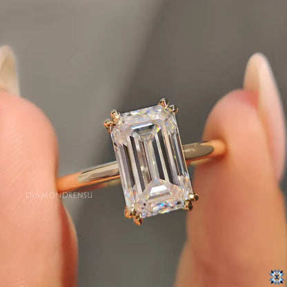 Emerald Cut Moissanite Solitaire Engagement Ring, Double Claw Prong Classic Comfort Fit Ring, Elongated Emerald Cut Moissanite Wedding Ring