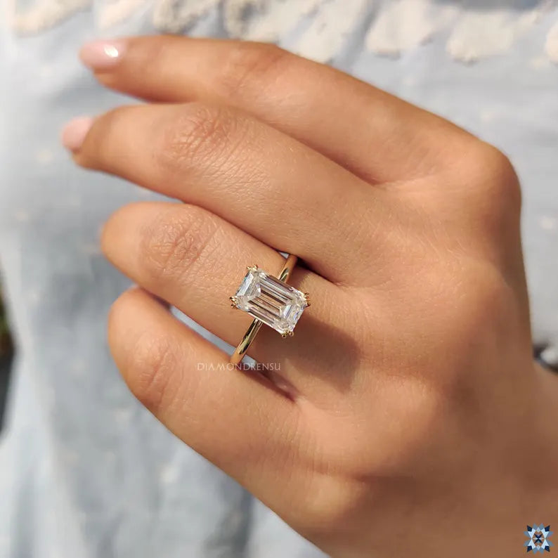 Emerald Cut Moissanite Solitaire Engagement Ring, Double Claw Prong Classic Comfort Fit Ring, Elongated Emerald Cut Moissanite Wedding Ring