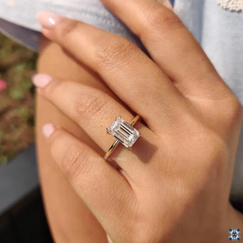 Emerald Cut Moissanite Solitaire Engagement Ring, Double Claw Prong Classic Comfort Fit Ring, Elongated Emerald Cut Moissanite Wedding Ring