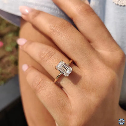 Emerald Cut Moissanite Solitaire Engagement Ring, Double Claw Prong Classic Comfort Fit Ring, Elongated Emerald Cut Moissanite Wedding Ring