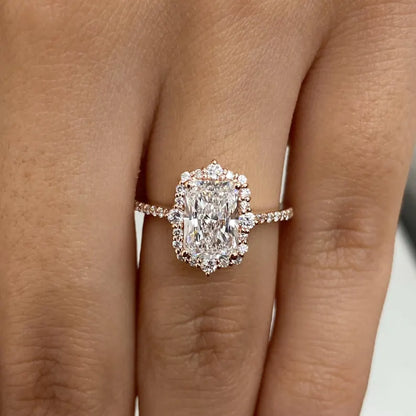 1.8ct E/VVS2 Radiant Cut Lab Created Diamond Proposal Ring 14K Rose Gold Setting Round Side Stones Cut