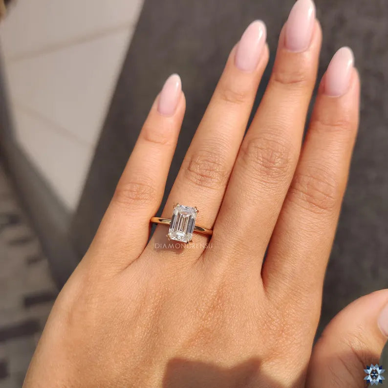 Emerald Cut Moissanite Solitaire Engagement Ring, Double Claw Prong Classic Comfort Fit Ring, Elongated Emerald Cut Moissanite Wedding Ring
