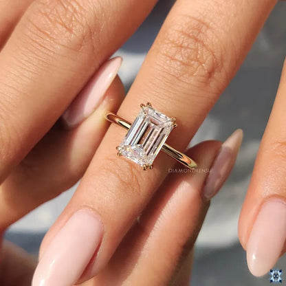 Emerald Cut Moissanite Solitaire Engagement Ring, Double Claw Prong Classic Comfort Fit Ring, Elongated Emerald Cut Moissanite Wedding Ring
