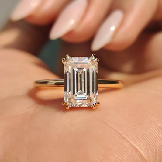 Emerald Cut Moissanite Solitaire Engagement Ring, Double Claw Prong Classic Comfort Fit Ring, Elongated Emerald Cut Moissanite Wedding Ring