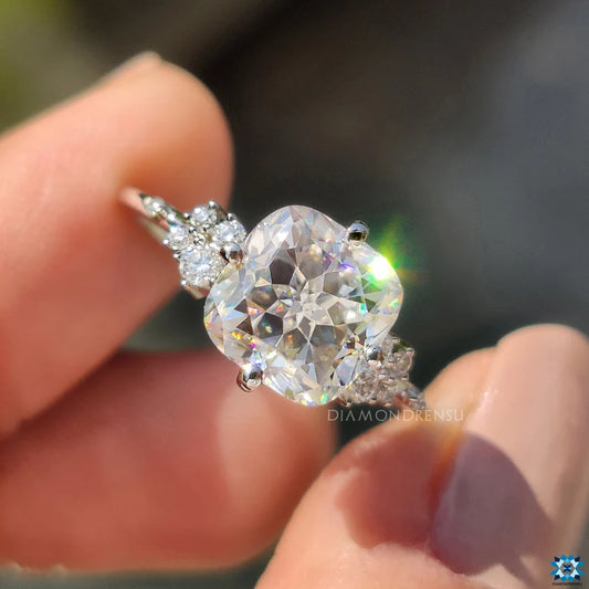 Vintage Style Muse Engagement Ring, 2.51 TCW Cushion Rensu Colorless Moissanite Ring, Side Round Colorless Moissanite, Proposal Wedding Ring