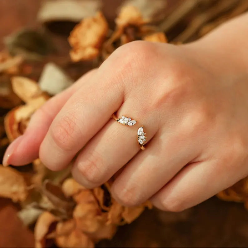 Yellow Gold Open Wedding Band, Solid Gold Gap Wedding Ring, Womens Cuff Stacking Ring, Moissanite Bridal Ring, Marquise Stackable Ring