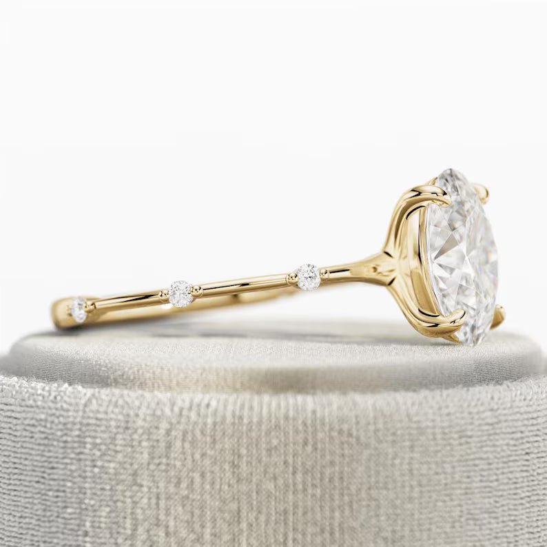2 Carat Elongated Oval Diamond Nature Inspired THIN Engagement Ring in Yellow Gold