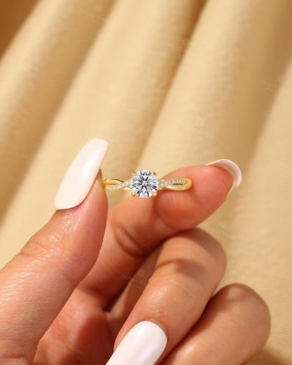 Vintage 1 Ct Lab Grown Diamond Engagement Ring: Yellow Gold Band, Twisted Diamond Wedding Ring, Bridal Promise Rings for Women