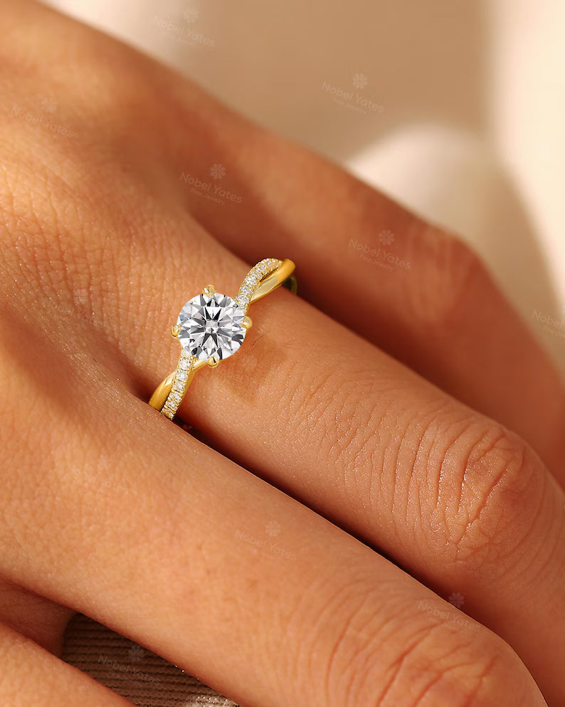 Vintage 1 Ct Lab Grown Diamond Engagement Ring: Yellow Gold Band, Twisted Diamond Wedding Ring, Bridal Promise Rings for Women