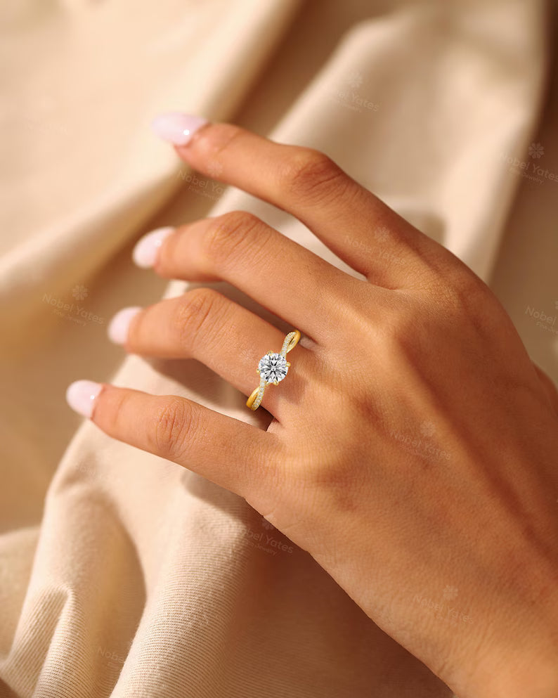 Vintage 1 Ct Lab Grown Diamond Engagement Ring: Yellow Gold Band, Twisted Diamond Wedding Ring, Bridal Promise Rings for Women
