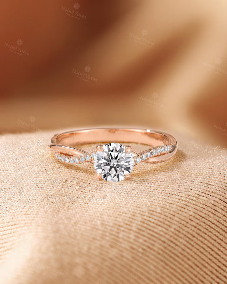 Vintage 1 Ct Lab Grown Diamond Engagement Ring: Yellow Gold Band, Twisted Diamond Wedding Ring, Bridal Promise Rings for Women
