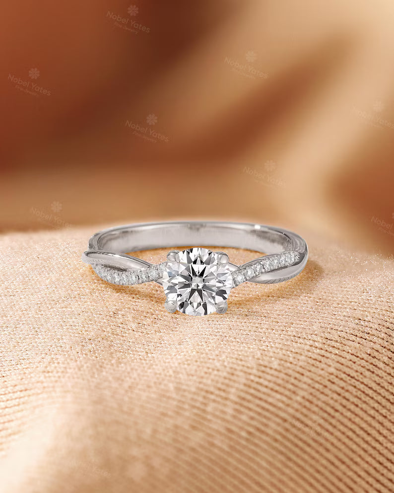 Vintage 1 Ct Lab Grown Diamond Engagement Ring: Yellow Gold Band, Twisted Diamond Wedding Ring, Bridal Promise Rings for Women