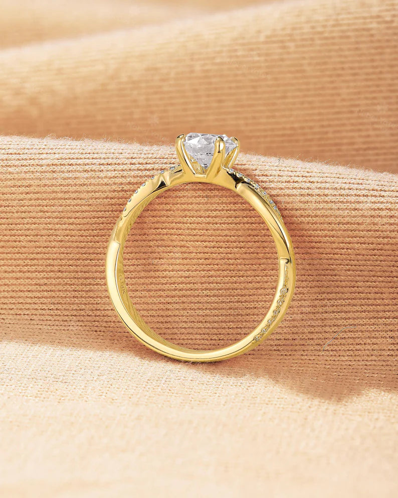 Vintage 1 Ct Lab Grown Diamond Engagement Ring: Yellow Gold Band, Twisted Diamond Wedding Ring, Bridal Promise Rings for Women