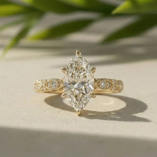 2.5 CT Marquise Lab Grown Diamond Ring, 14K Yellow Gold Vintage Engagement Ring With Milgrain Details