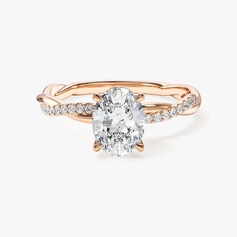 Oval Moissanite Engagement Ring, Twisted Pave Band, Lab Diamond Option