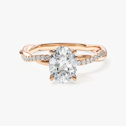 Oval Moissanite Engagement Ring, Twisted Pave Band, Lab Diamond Option