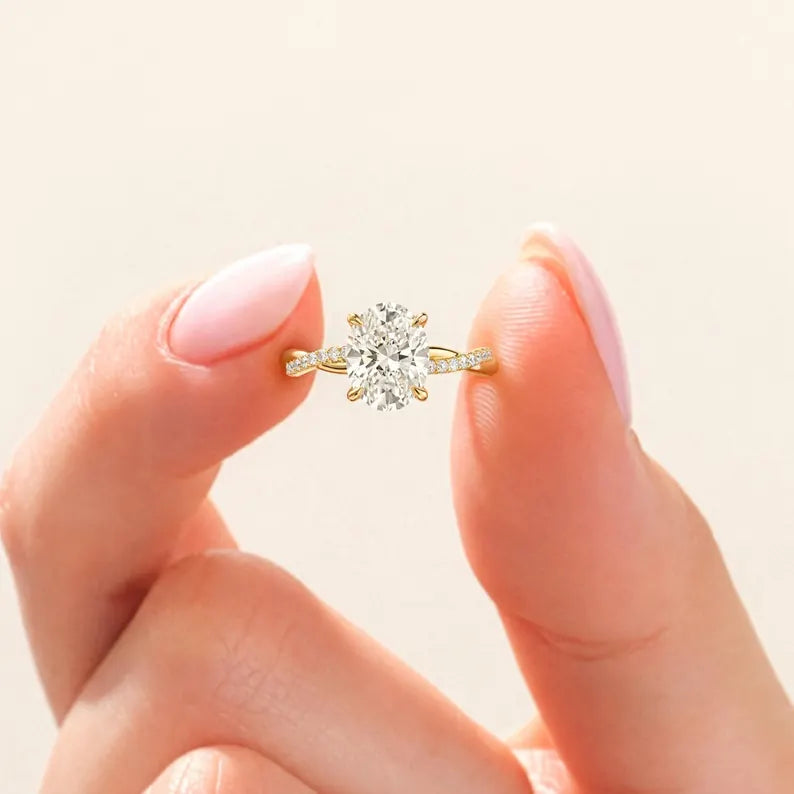 Oval Moissanite Engagement Ring, Twisted Pave Band, Lab Diamond Option