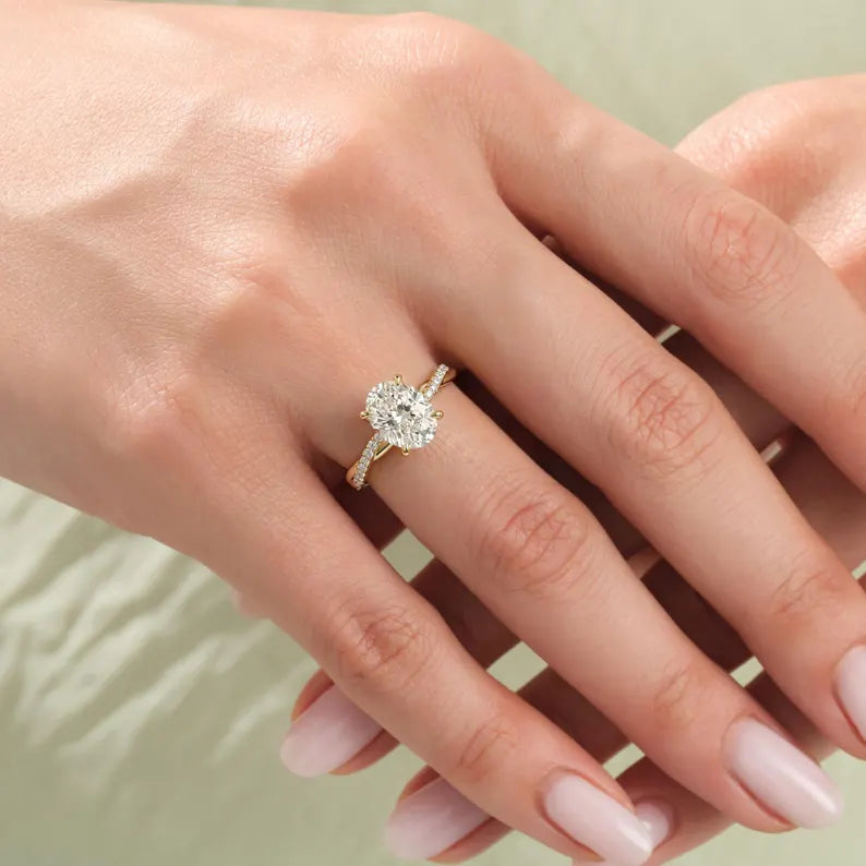 Oval Moissanite Engagement Ring, Twisted Pave Band, Lab Diamond Option