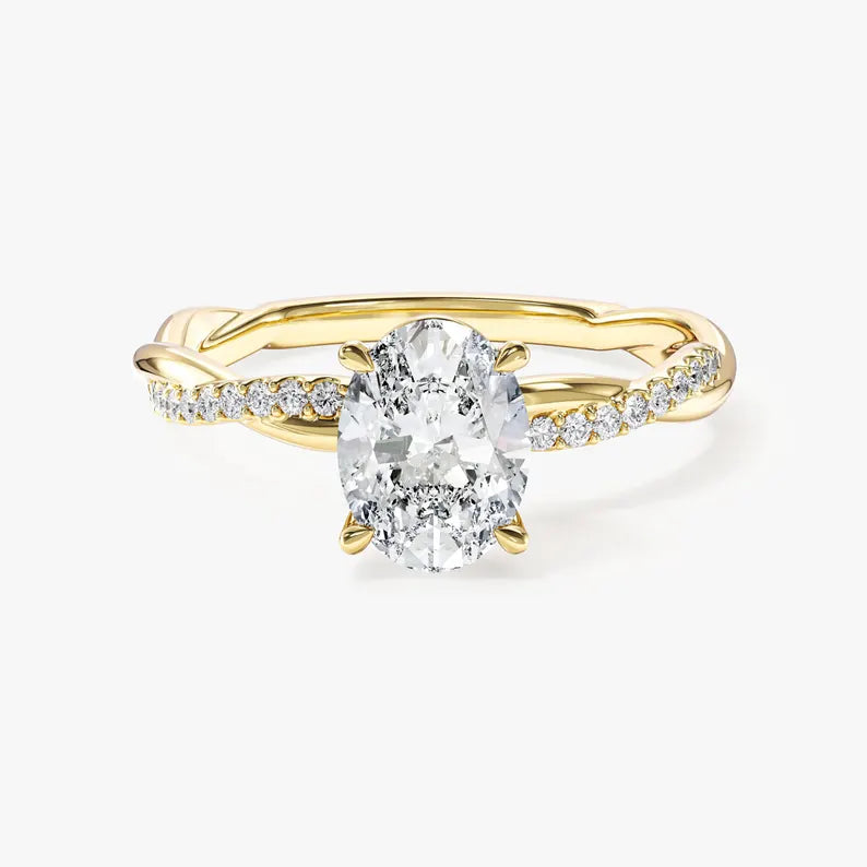 Oval Moissanite Engagement Ring, Twisted Pave Band, Lab Diamond Option