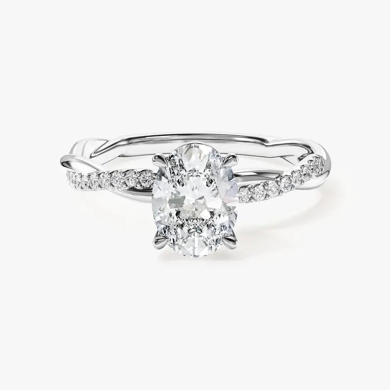 Oval Moissanite Engagement Ring, Twisted Pave Band, Lab Diamond Option