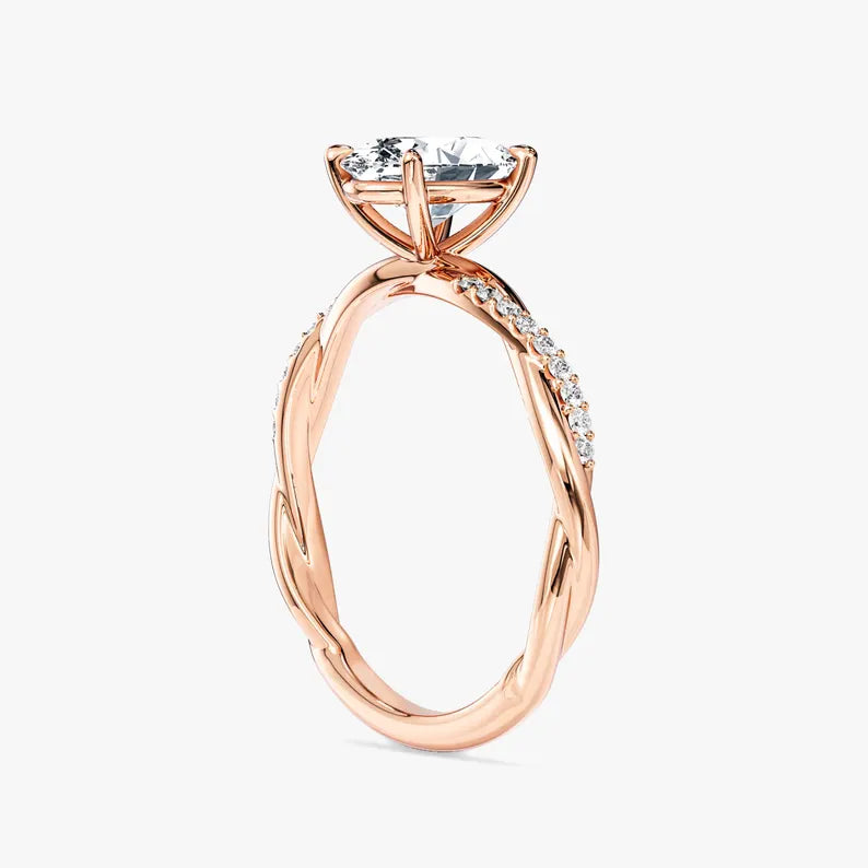 Oval Moissanite Engagement Ring, Twisted Pave Band, Lab Diamond Option