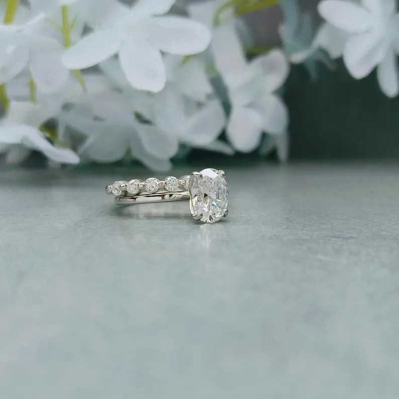 Oval Moissanite Engagement Ring Set: 925 Sterling Silver Bridal Set