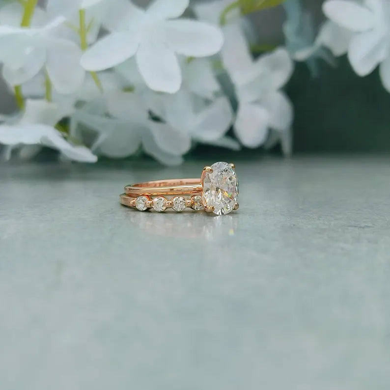 Oval Moissanite Engagement Ring Set: 925 Sterling Silver Bridal Set
