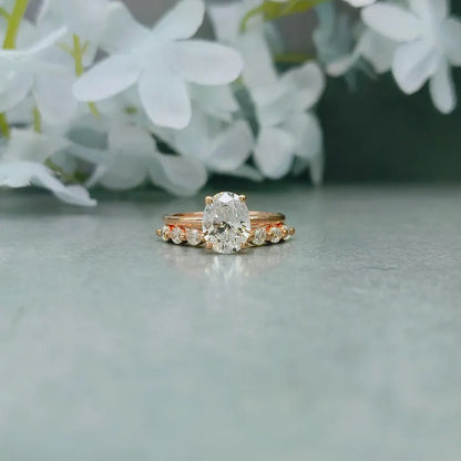 Oval Moissanite Engagement Ring Set: 925 Sterling Silver Bridal Set