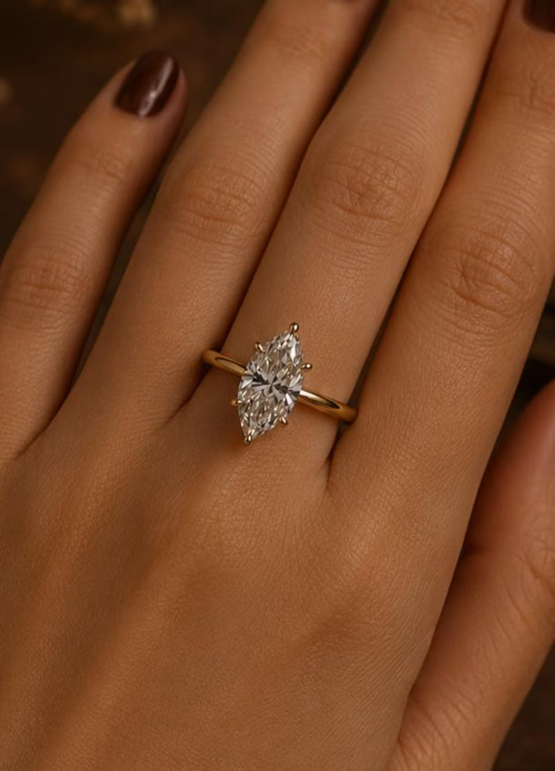 2 CT Marquise Moissanite Engagement Ring, 14k Gold Plated Solitaire Ring, Marquise Cut Wedding Ring, Vintage Style Bridal Ring For Women