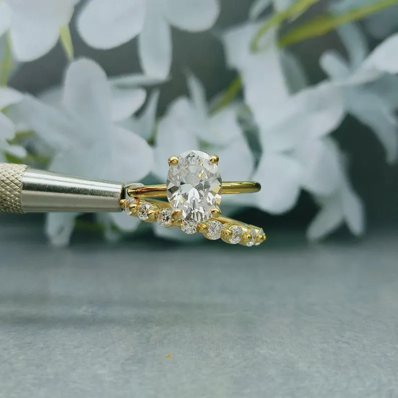 Oval Moissanite Engagement Ring Set: 925 Sterling Silver Bridal Set