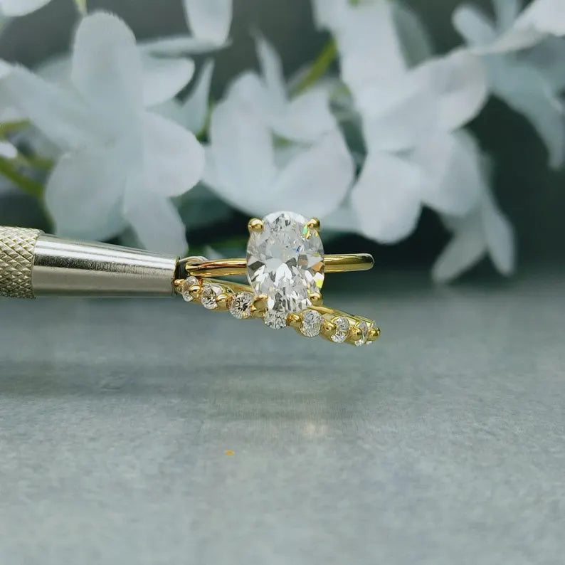 Oval Moissanite Engagement Ring Set: 925 Sterling Silver Bridal Set