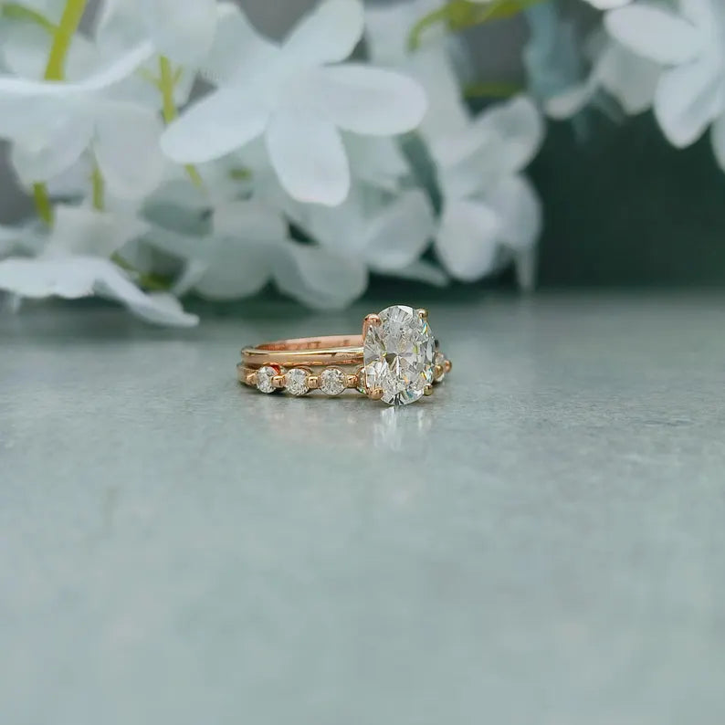 Oval Moissanite Engagement Ring Set: 925 Sterling Silver Bridal Set