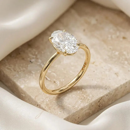 Oval Lab Grown Diamond Engagement Ring, Low Profile Solitaire Ring, Handmade Fine Jewelry, Minimalist Solid Gold Ring